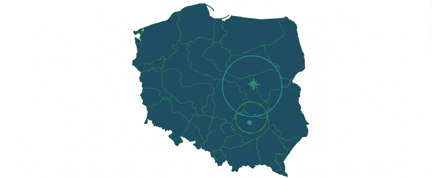 Mapa obszaru działania: audyty do 100 km od Warszawy i 50 km od Ostrowca Świętokrzyskiego, ocieplenia na południe od Warszawy